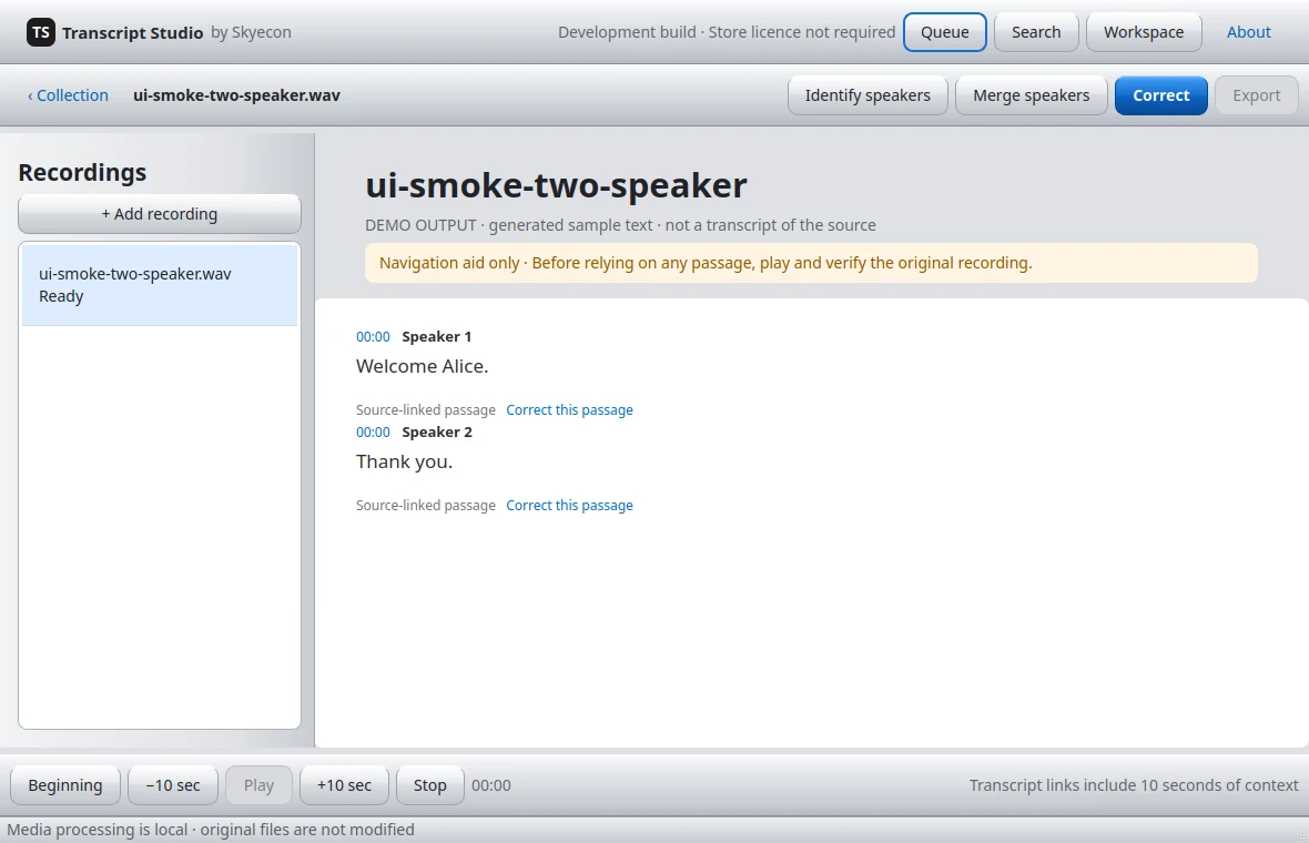 Transcript Studio development workspace showing a transcript beside source-linked review controls